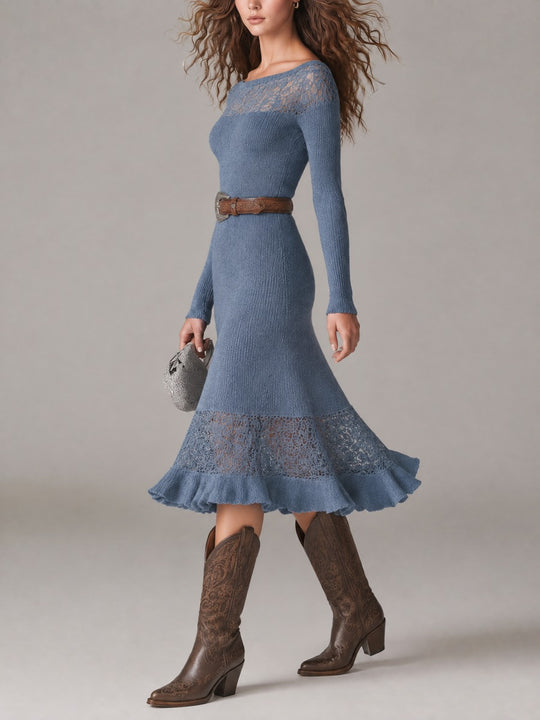 Boat Neck Openwork Panel Ribbed Knit Midi Dress