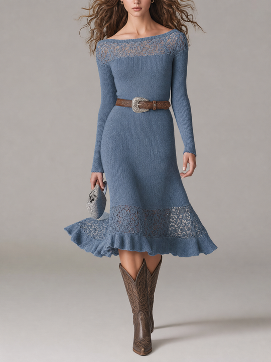 Boat Neck Openwork Panel Ribbed Knit Midi Dress