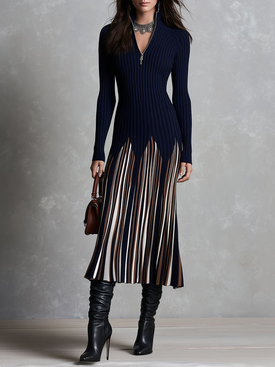 Navy Zip High Neck Colorblock Striped Ribbed Knit Midi Dress With Flared Hem
