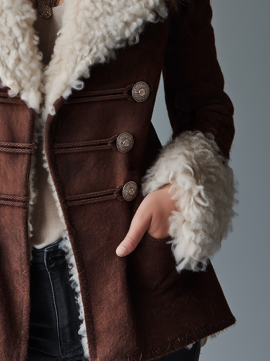 Vintage Chocolate Brown Faux Wool Trim Jacket