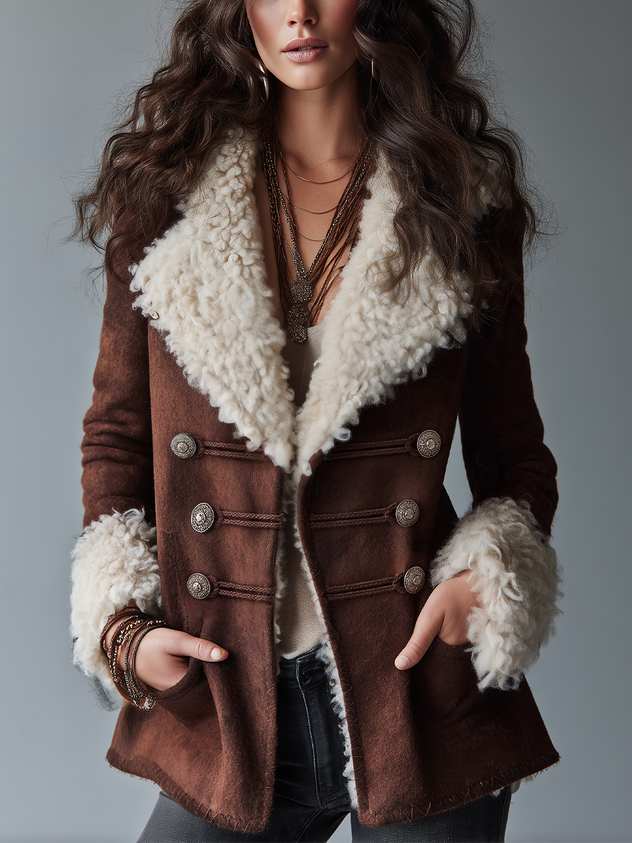Vintage Chocolate Brown Faux Wool Trim Jacket