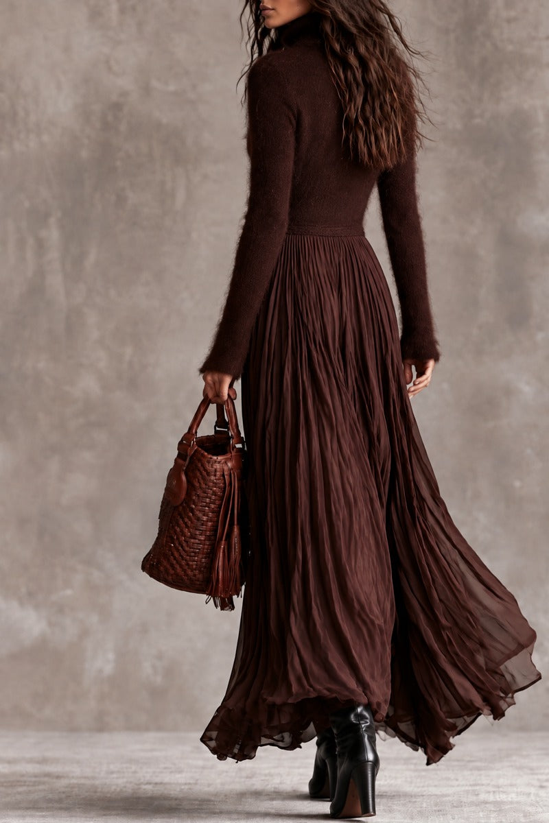 Boho Chocolate Brown Fuzzy Turtleneck Knit Maxi Dress With Pleated Chiffon Skirt
