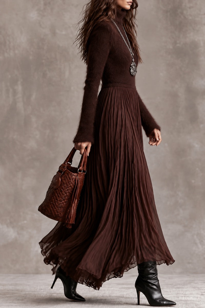 Boho Chocolate Brown Fuzzy Turtleneck Knit Maxi Dress With Pleated Chiffon Skirt
