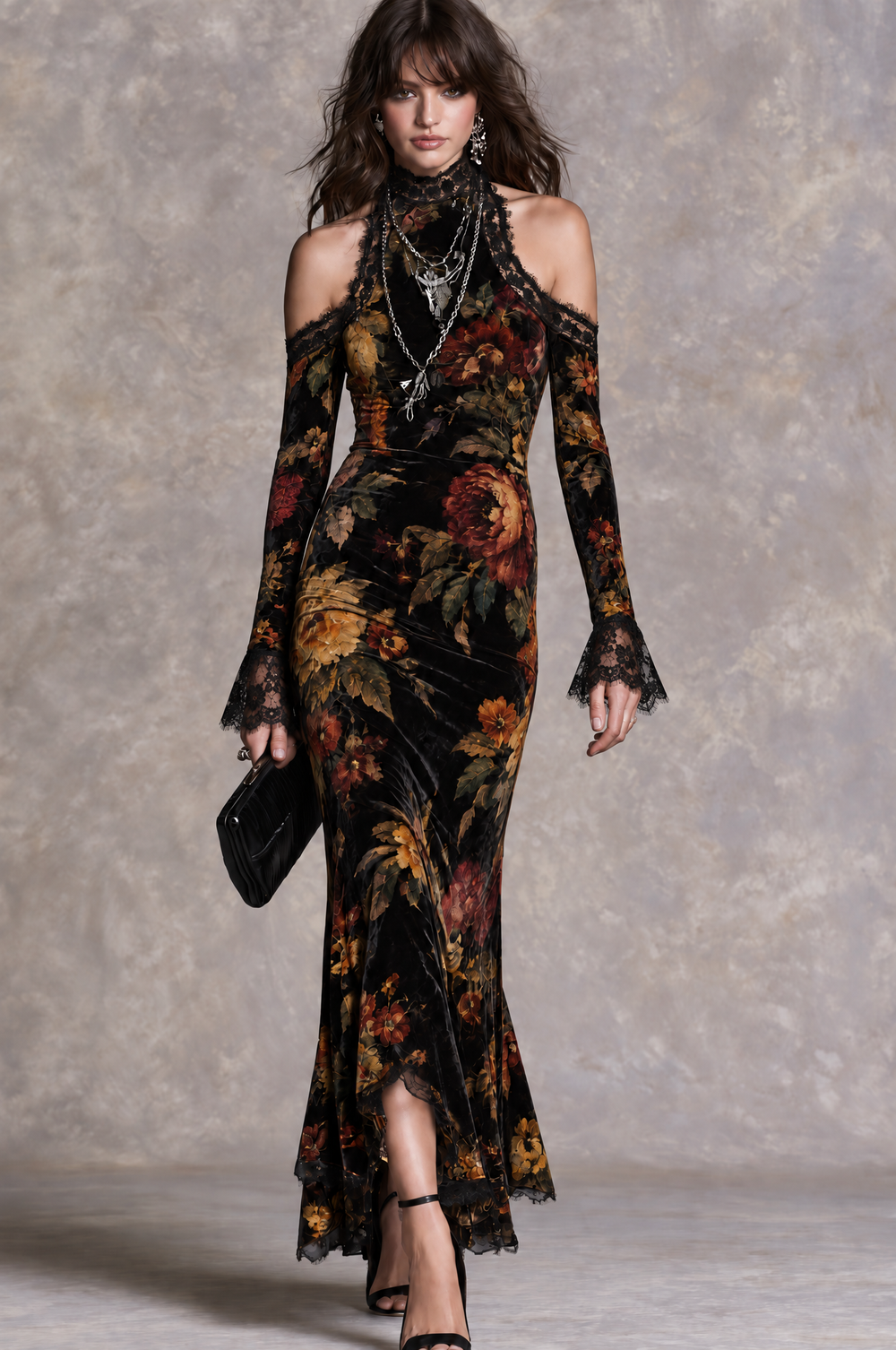 Retro Victorian High Neck Cold Shoulder Velvet Evening Dress With Lace Trim
