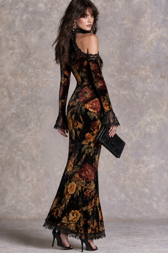 Retro Victorian High Neck Cold Shoulder Velvet Evening Dress With Lace Trim