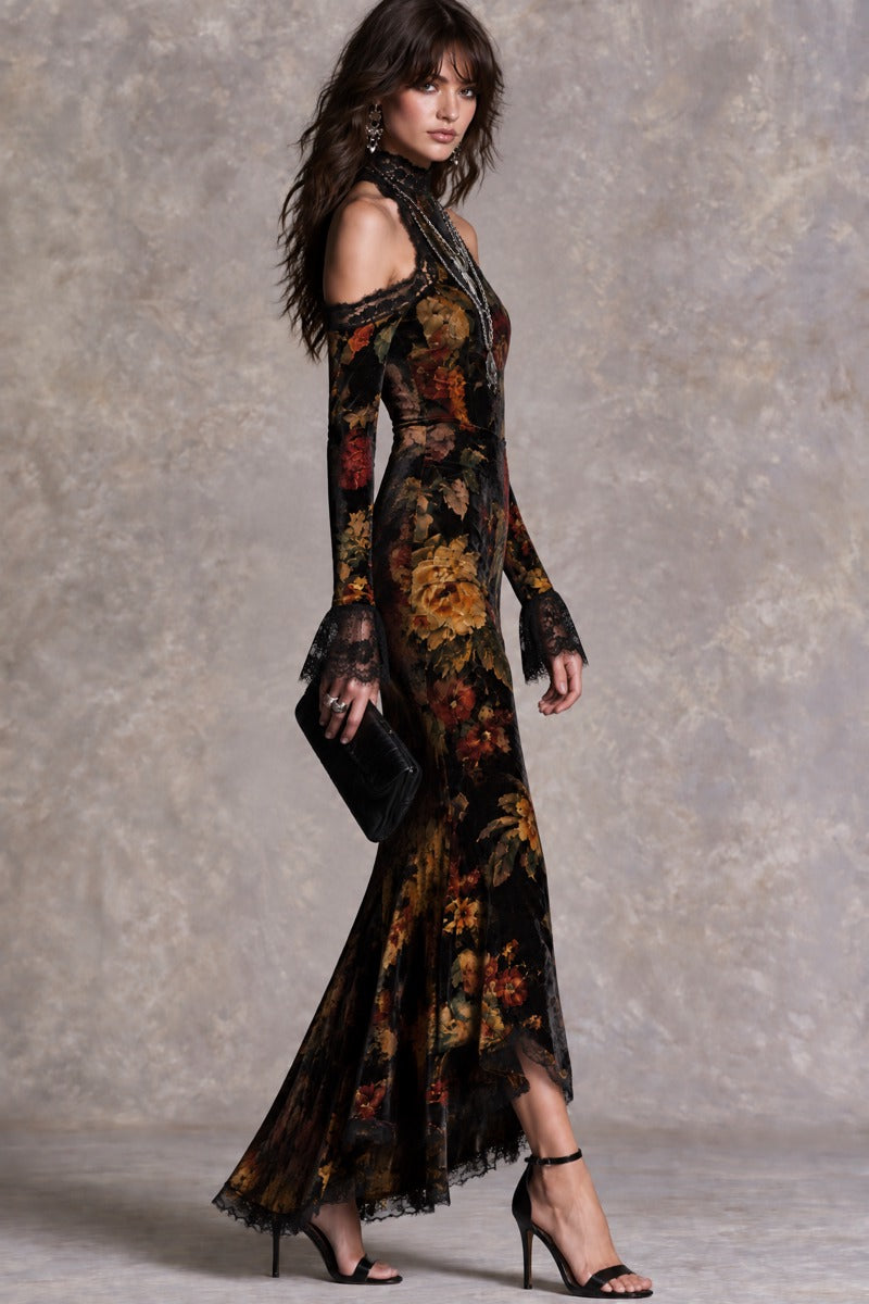 Retro Victorian High Neck Cold Shoulder Velvet Evening Dress With Lace Trim
