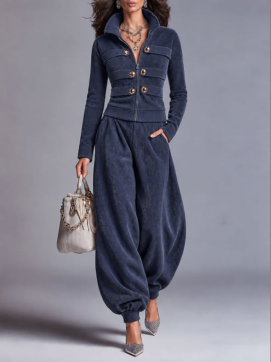 Ribbed Corduroy Zip-Up Jacket & Balloon Jogger Pants Two-Piece Set
