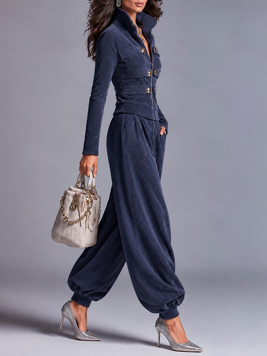 Ribbed Corduroy Zip-Up Jacket & Balloon Jogger Pants Two-Piece Set