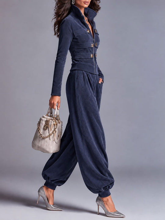 Ribbed Corduroy Zip-Up Jacket & Balloon Jogger Pants Two-Piece Set