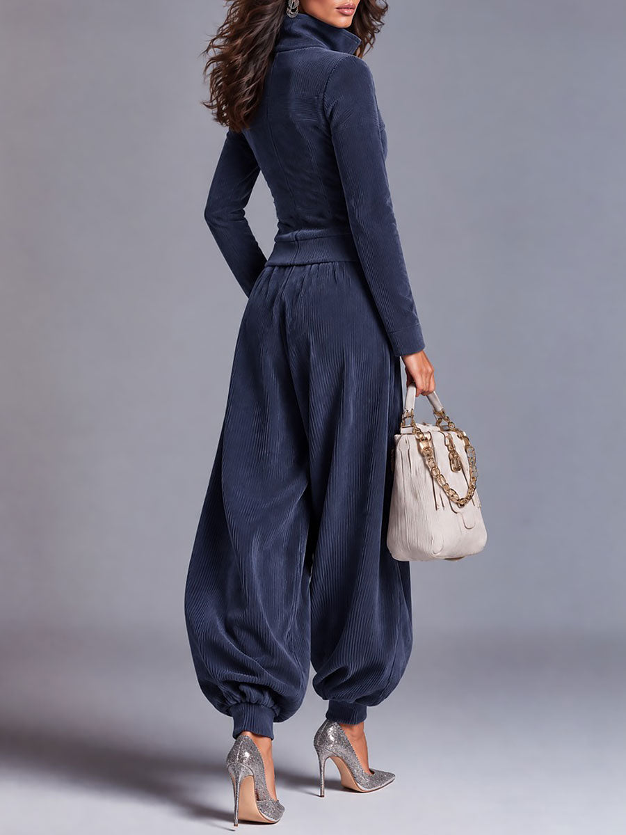 Ribbed Corduroy Zip-Up Jacket & Balloon Jogger Pants Two-Piece Set