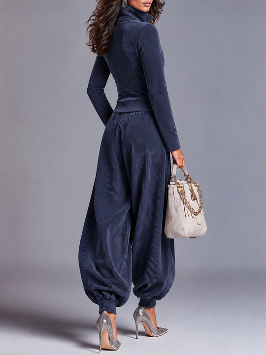 Ribbed Corduroy Zip-Up Jacket & Balloon Jogger Pants Two-Piece Set