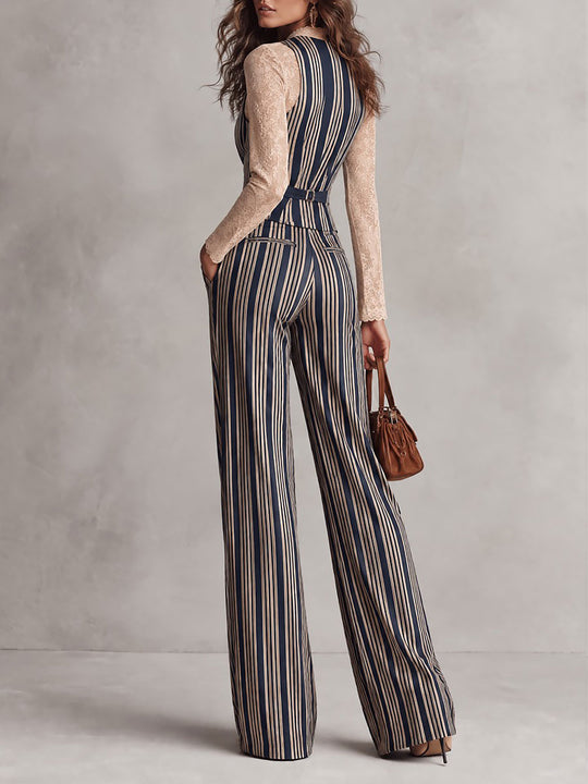 Retro Double-breasted Striped Corset Vest & Wide-Leg Pants Set