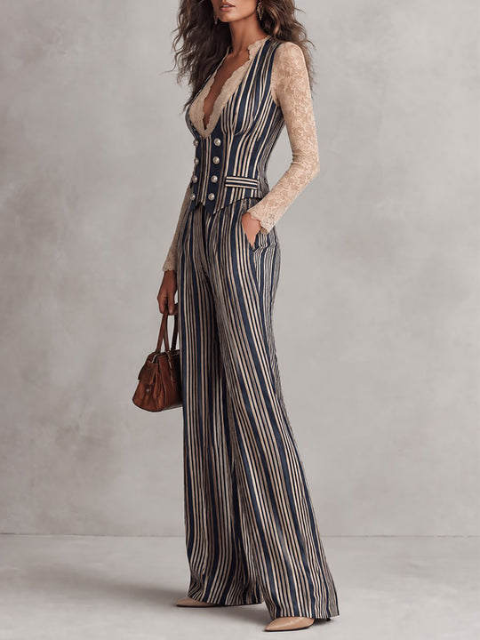 Retro Double-breasted Striped Corset Vest & Wide-Leg Pants Set