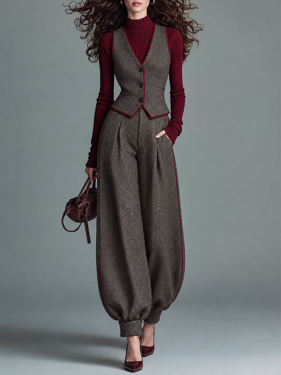 Retro Herringbone Tweed Contrast Piping Vest & Balloon Pants Two-Piece Set
