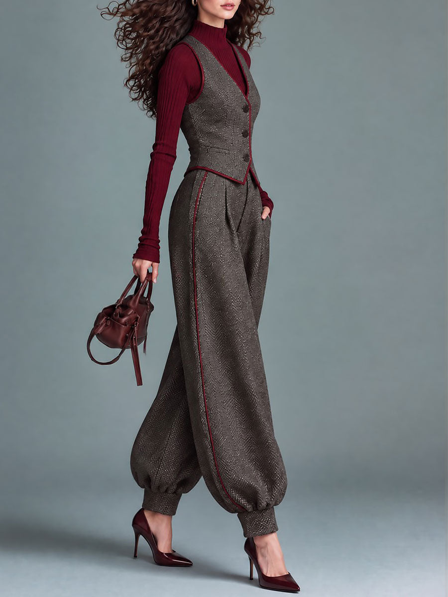 Retro Herringbone Tweed Contrast Piping Vest & Balloon Pants Two-Piece Set