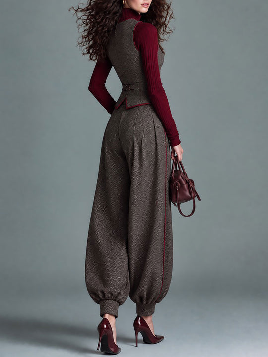 Retro Herringbone Tweed Contrast Piping Vest & Balloon Pants Two-Piece Set