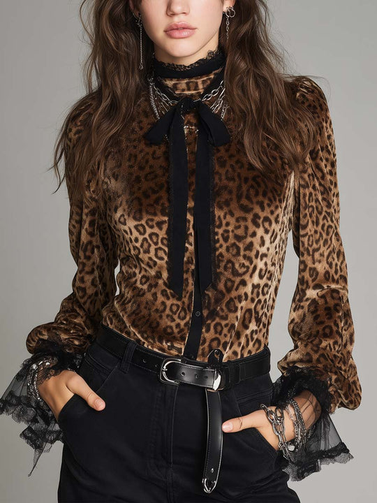 Vintage-style Leopard Print Velvet Blouse With A Tie-neck Detail.