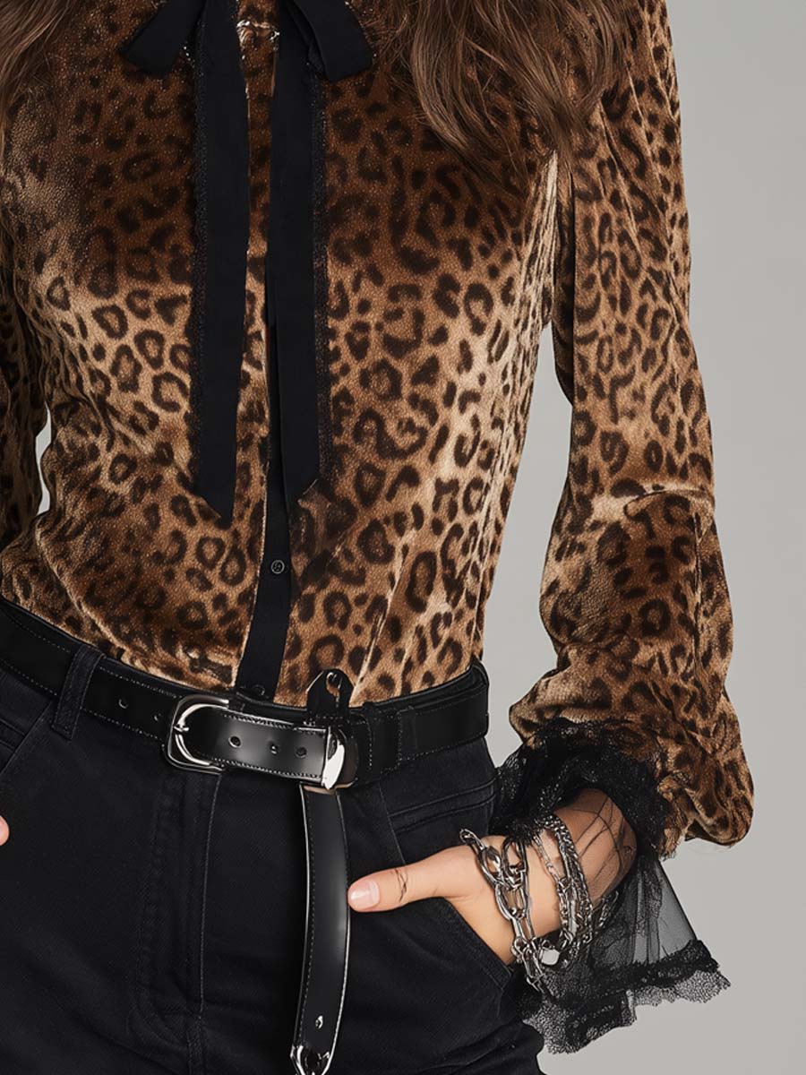 Vintage-style Leopard Print Velvet Blouse With A Tie-neck Detail.