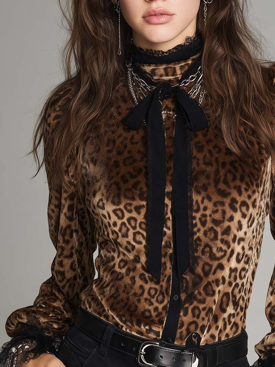 Vintage-style Leopard Print Velvet Blouse With A Tie-neck Detail.