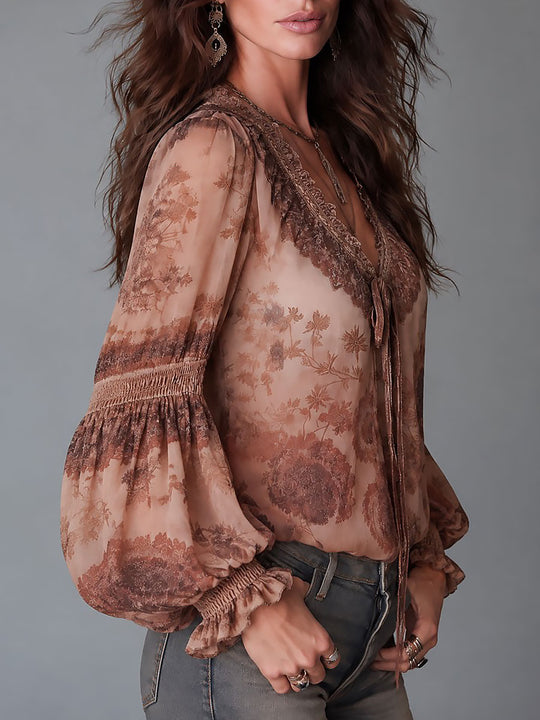 Boho Floral Print Sheer Chiffon Blouse with Lantern Sleeves