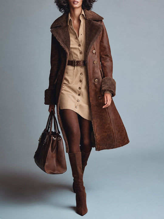 Women's Faux Shearling Trim Leather Trench Coat