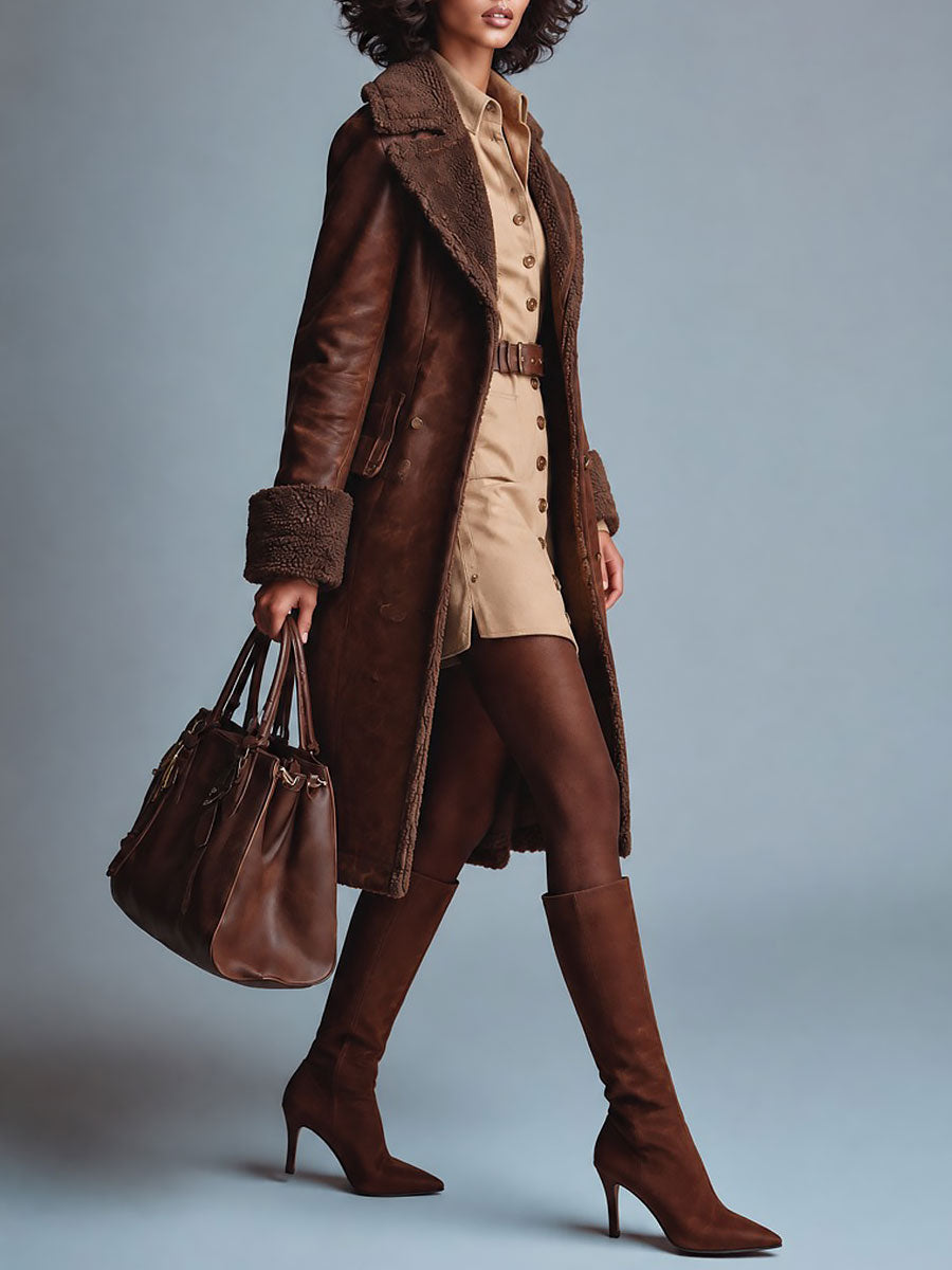 Women's Faux Shearling Trim Leather Trench Coat