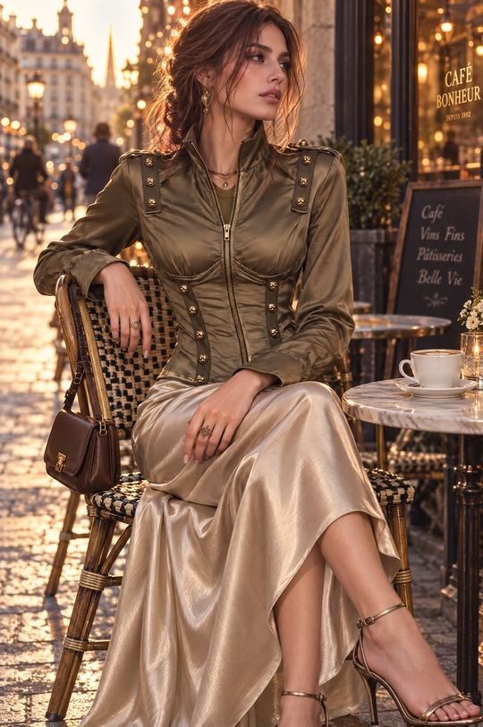 Vintage Military Style Satin Zip-Up Jacket with Brass Button Trim