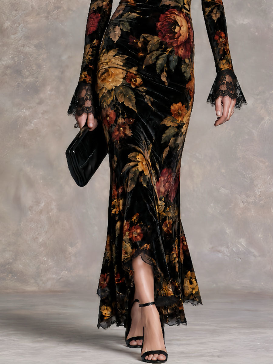 Retro Victorian High Neck Cold Shoulder Velvet Evening Dress With Lace Trim