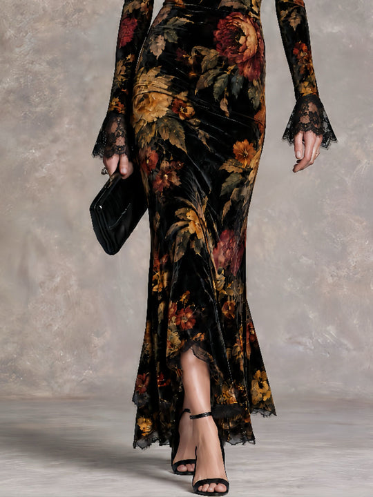 Retro Victorian High Neck Cold Shoulder Velvet Evening Dress With Lace Trim
