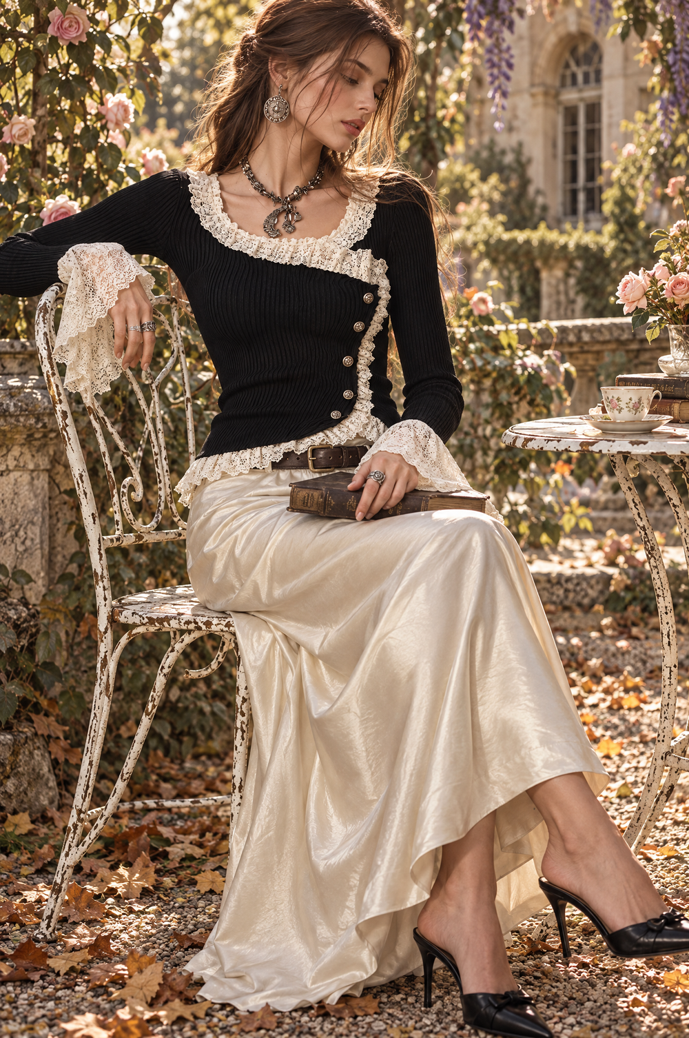 Retro Ribbed Knit Color-blocked Lace Top
