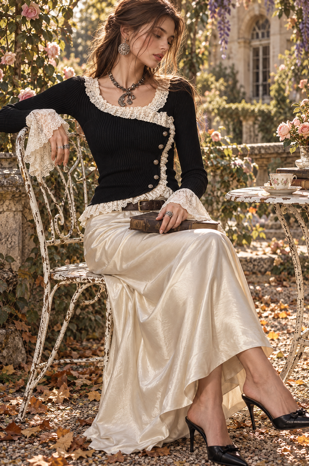 Retro Ribbed Knit Color-blocked Lace Top