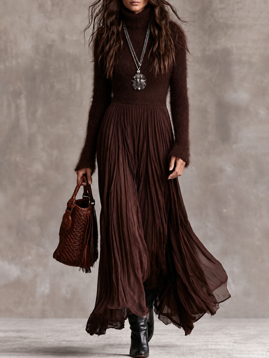 Boho Chocolate Brown Fuzzy Turtleneck Knit Maxi Dress With Pleated Chiffon Skirt