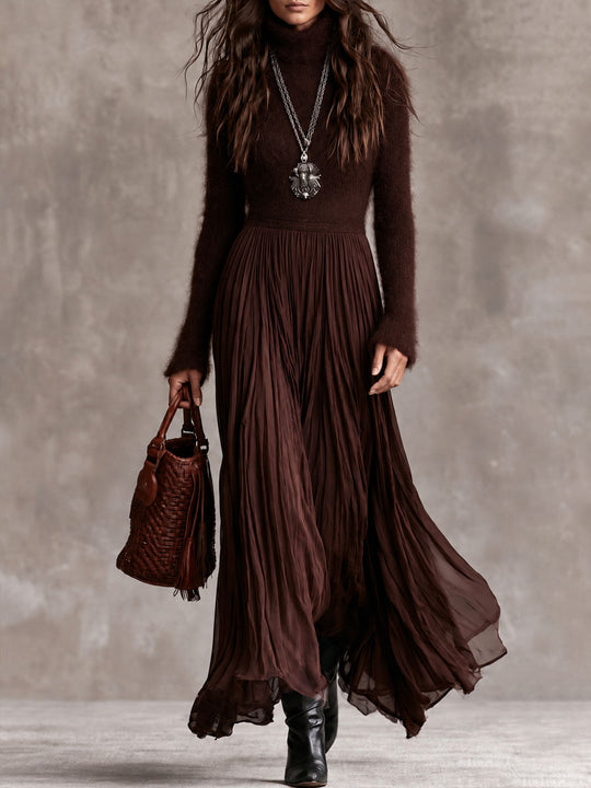 Boho Chocolate Brown Fuzzy Turtleneck Knit Maxi Dress With Pleated Chiffon Skirt
