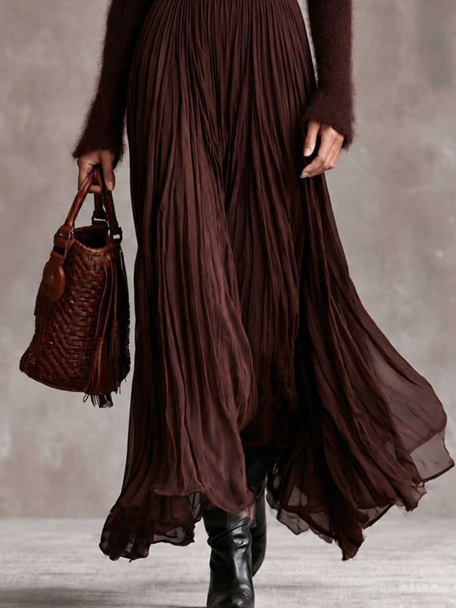 Boho Chocolate Brown Fuzzy Turtleneck Knit Maxi Dress With Pleated Chiffon Skirt