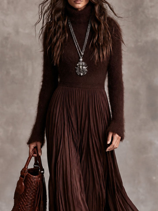 Boho Chocolate Brown Fuzzy Turtleneck Knit Maxi Dress With Pleated Chiffon Skirt