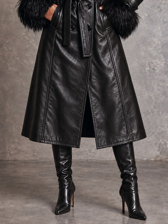 Retro Double Breasted Faux Leather Long Trench With Detachable Fluffy Fur Trim