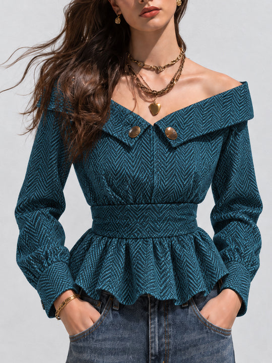 Teal Bohemian Jacquard Off-Shoulder Peplum Top