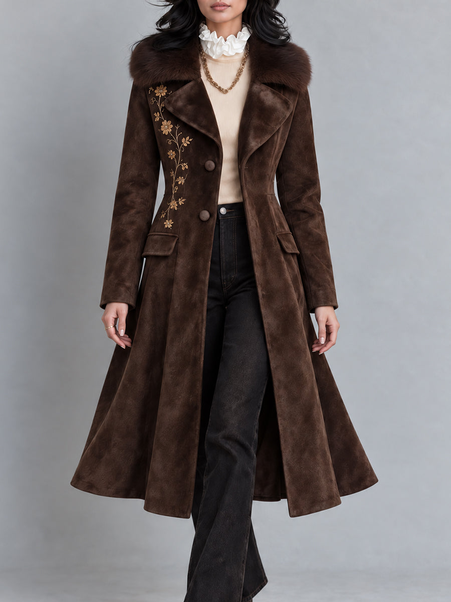 Vintage Bohemian Faux-Suede Floral-Embroidered Duster Coat