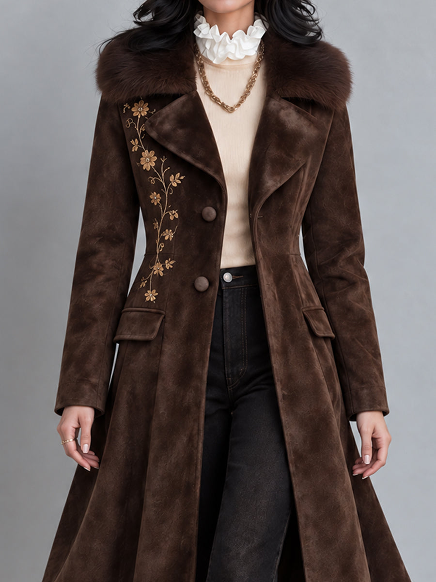 Vintage Bohemian Faux-Suede Floral-Embroidered Duster Coat