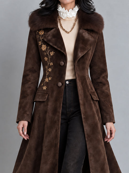 Vintage Bohemian Faux-Suede Floral-Embroidered Duster Coat