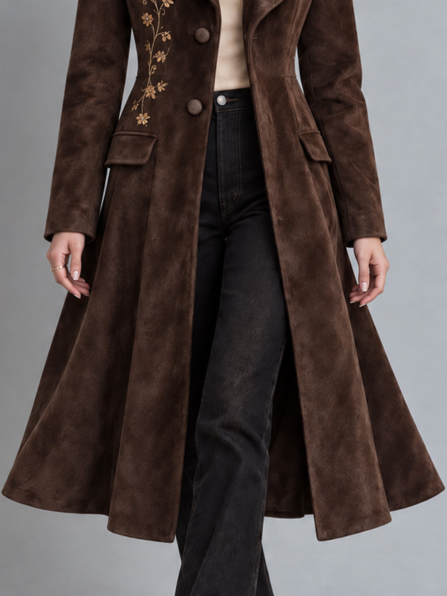 Vintage Bohemian Faux-Suede Floral-Embroidered Duster Coat