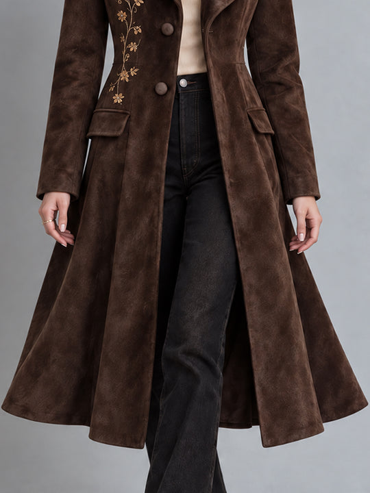 Vintage Bohemian Faux-Suede Floral-Embroidered Duster Coat