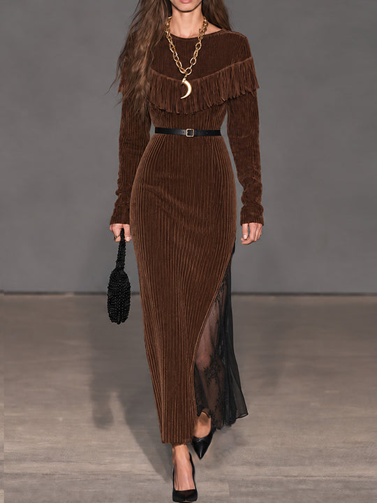 Cocoa Nomad Corduroy Fringe Lace-Panel Maxi Dress