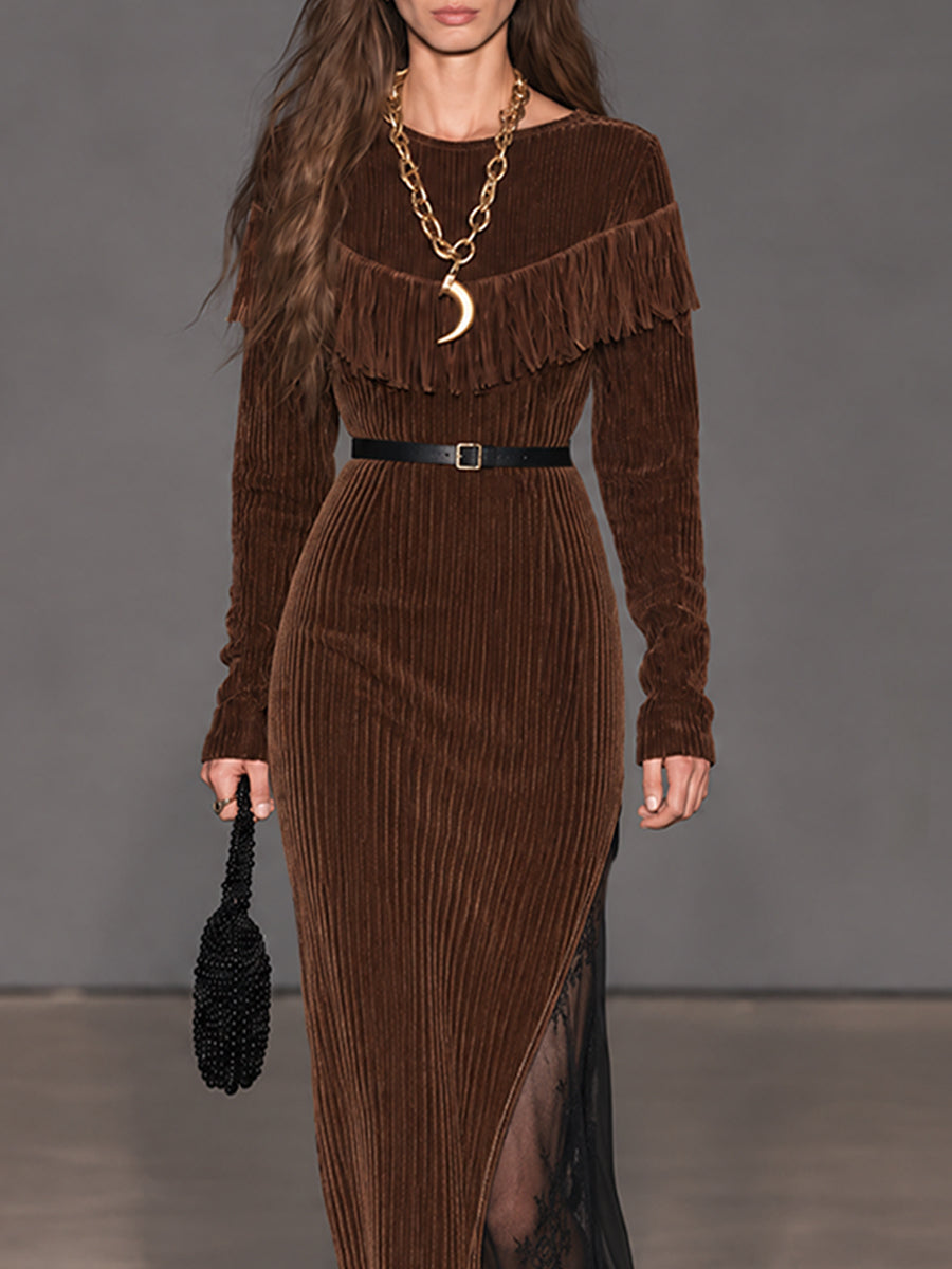 Cocoa Nomad Corduroy Fringe Lace-Panel Maxi Dress