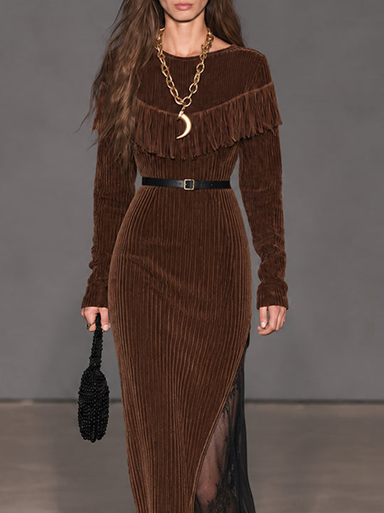Cocoa Nomad Corduroy Fringe Lace-Panel Maxi Dress