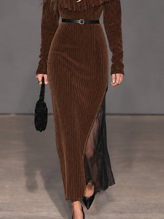 Cocoa Nomad Corduroy Fringe Lace-Panel Maxi Dress