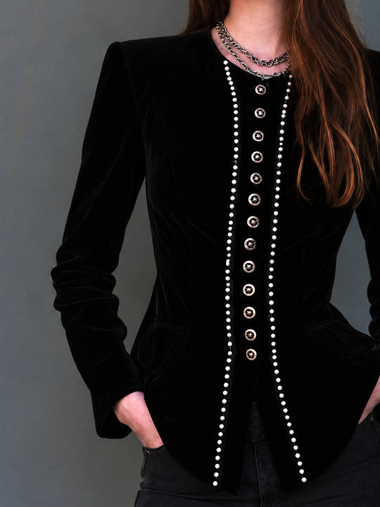Midnight Nomad Pearl-Trim Velvet Blazer