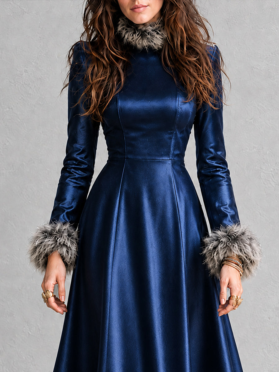 Midnight Bohemian Faux-Leather Fur-Trim Dress