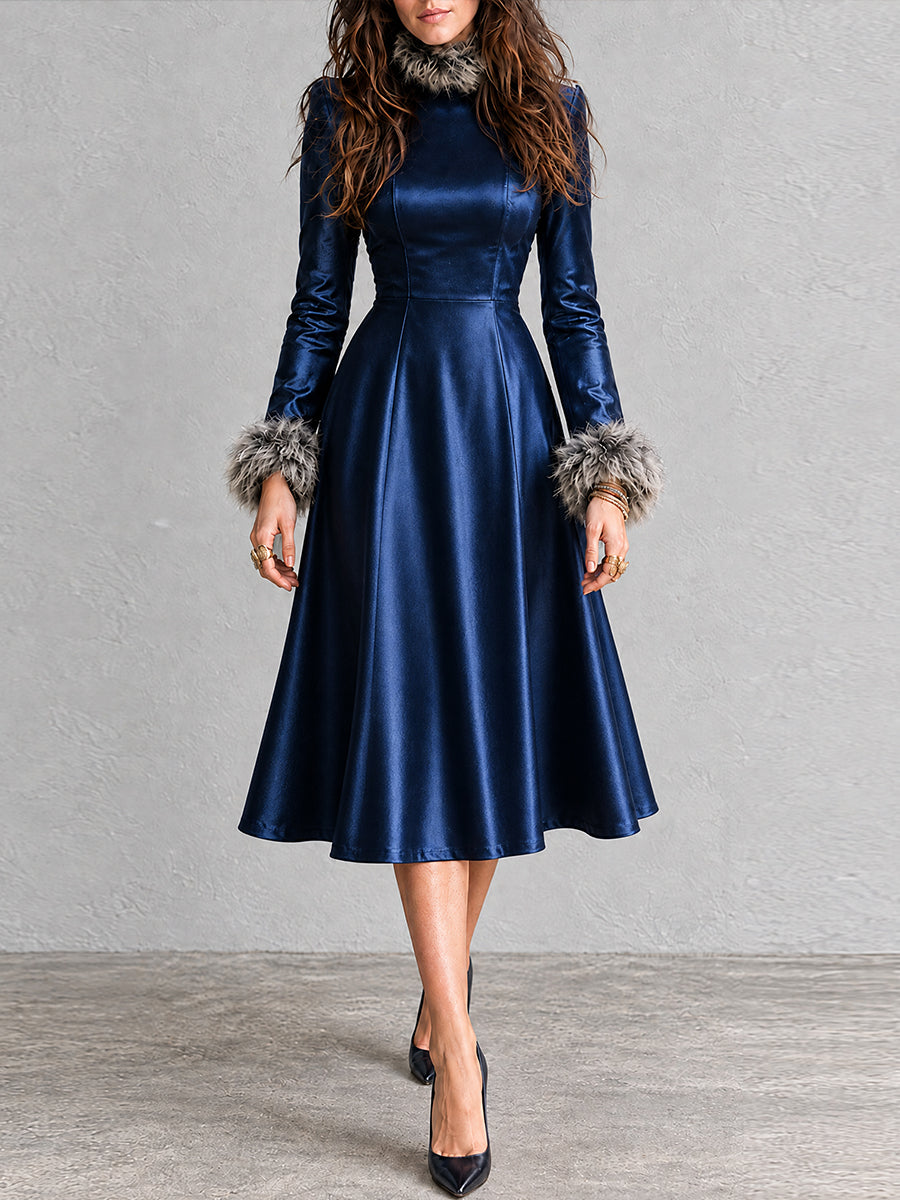 Midnight Bohemian Faux-Leather Fur-Trim Dress