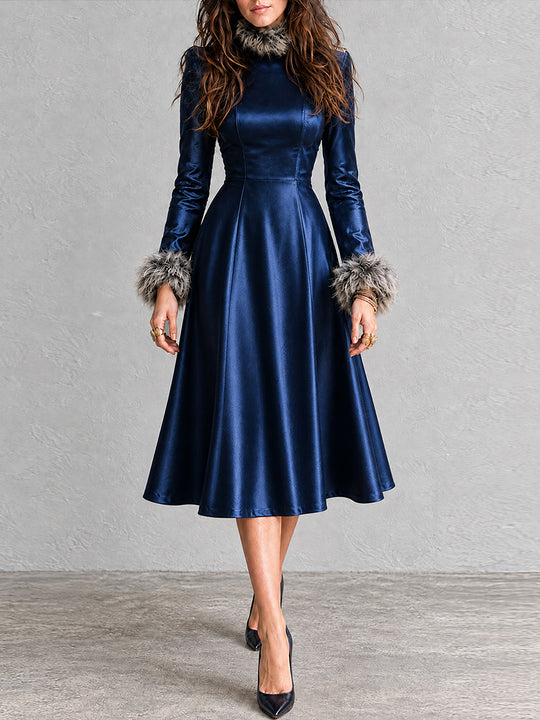 Midnight Bohemian Faux-Leather Fur-Trim Dress